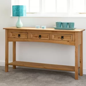 Corona 3 Drawer Console Table with Shelf in Distressed Waxed Pine