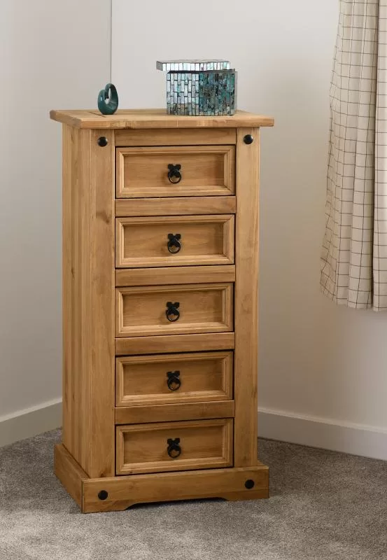 Corona 5 Drawer Narrow Chest in Distressed Waxed Pine