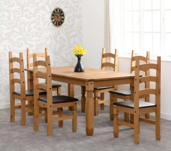 Corona 6' Dining Set in Distressed Waxed PineBrown Faux Leather
