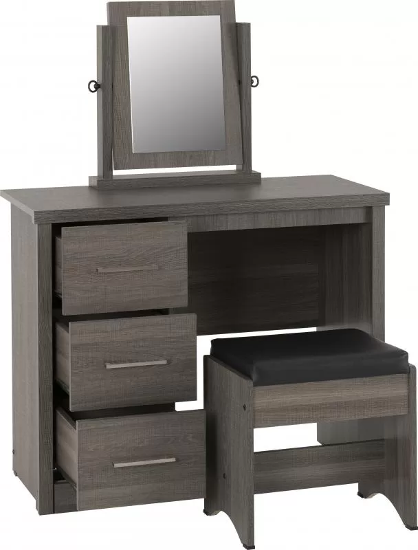 Lisbon 3 Piece Dressing Table Set with Mirror in Light Oak Effect VeneerBlack Faux Leather