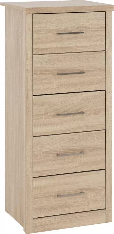 Lisbon 5 Drawer Narrow Chest in Light Oak Effect Veneer