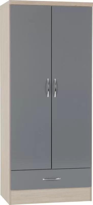 Nevada 2 Door 1 Drawer Wardrobe in Grey GlossLight Oak Effect Veneer