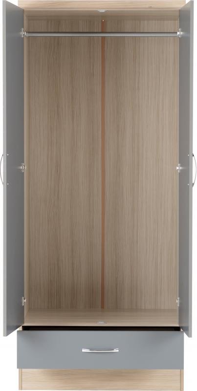Nevada 2 Door 1 Drawer Wardrobe in Grey GlossLight Oak Effect Veneer - Image 9