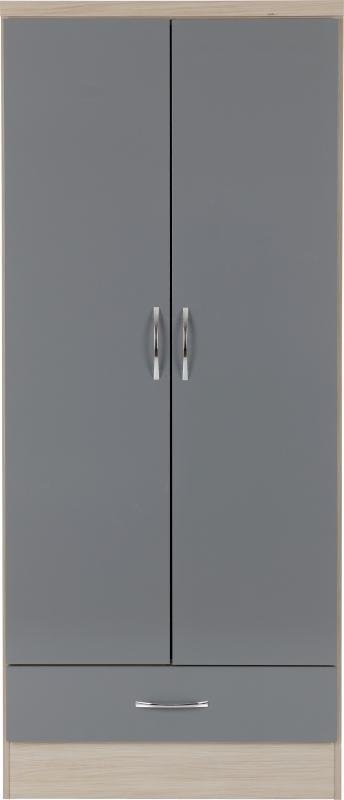 Nevada 2 Door 1 Drawer Wardrobe in Grey GlossLight Oak Effect Veneer - Image 8