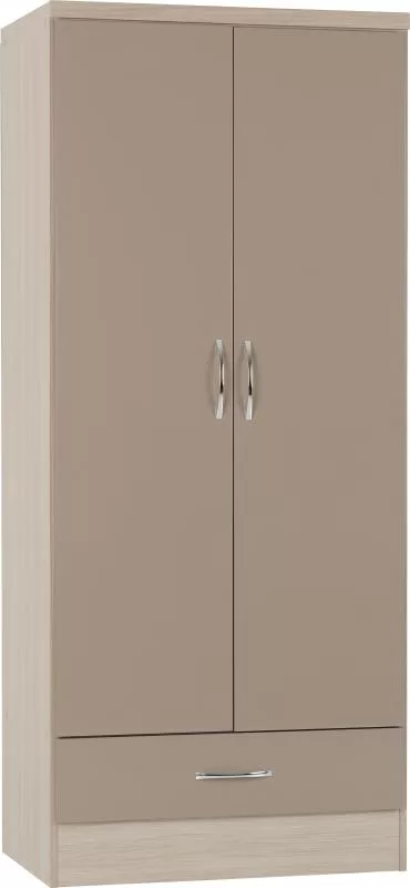 Nevada 2 Door 1 Drawer Wardrobe in Oyster GlossLight Oak Effect Veneer