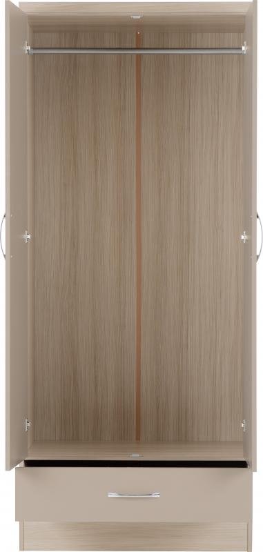 Nevada 2 Door 1 Drawer Wardrobe in Oyster GlossLight Oak Effect Veneer - Image 7