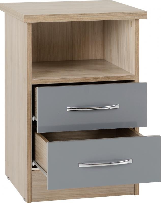 Nevada 2 Drawer Bedside in Grey GlossLight Oak Effect Veneer - Image 2