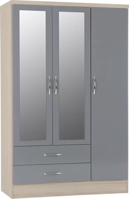 Nevada 3 Door 2 Drawer Mirrored Wardrobe in Grey GlossLight Oak Effect Veneer