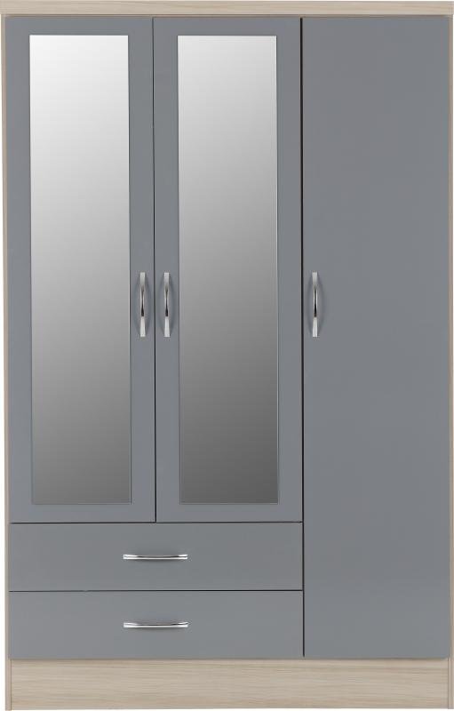 Nevada 3 Door 2 Drawer Mirrored Wardrobe in Grey GlossLight Oak Effect Veneer - Image 8