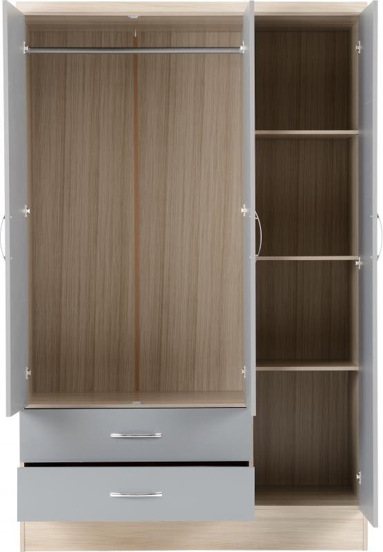 Nevada 3 Door 2 Drawer Mirrored Wardrobe in Grey GlossLight Oak Effect Veneer - Image 7