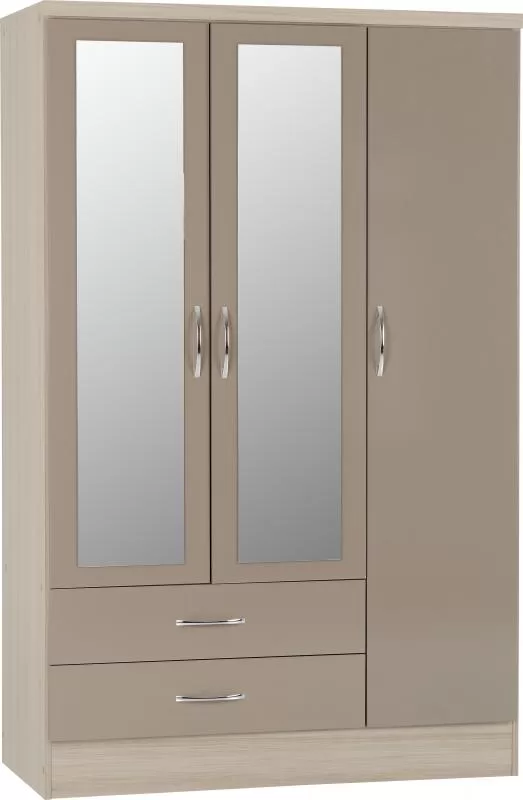Nevada 3 Door 2 Drawer Mirrored Wardrobe in Oyster GlossLight Oak Effect Veneer
