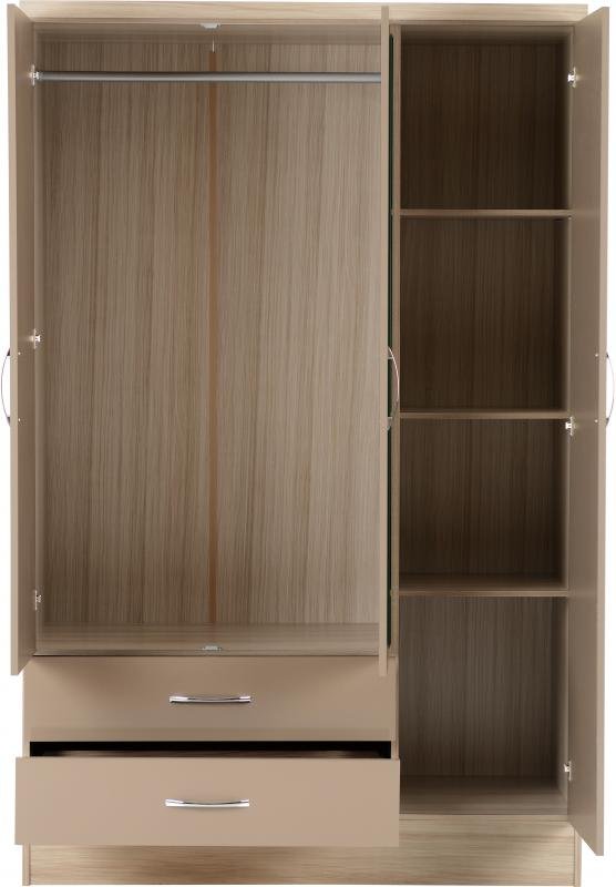 Nevada 3 Door 2 Drawer Mirrored Wardrobe in Oyster GlossLight Oak Effect Veneer - Image 8