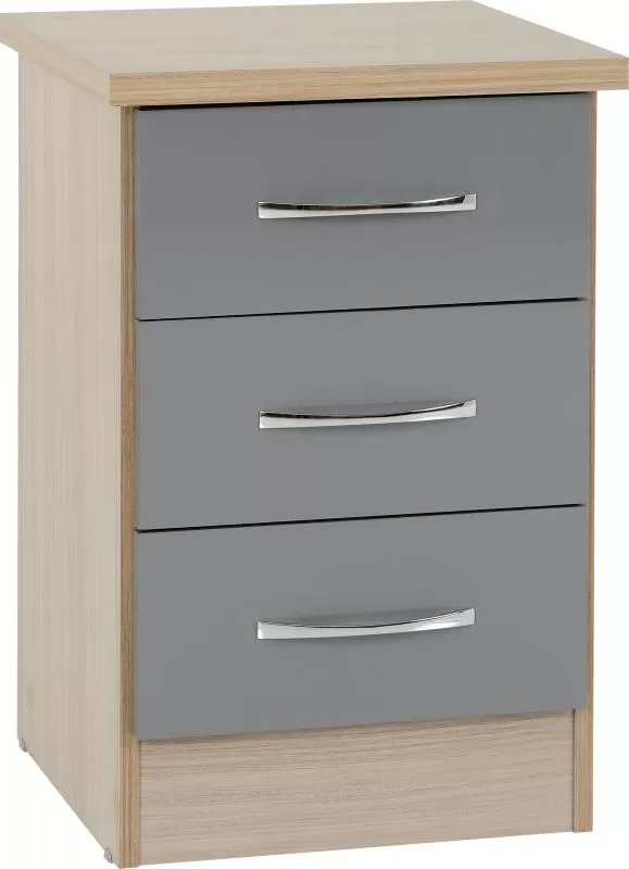 Nevada 3 Drawer Bedside in Grey GlossLight Oak Effect Veneer