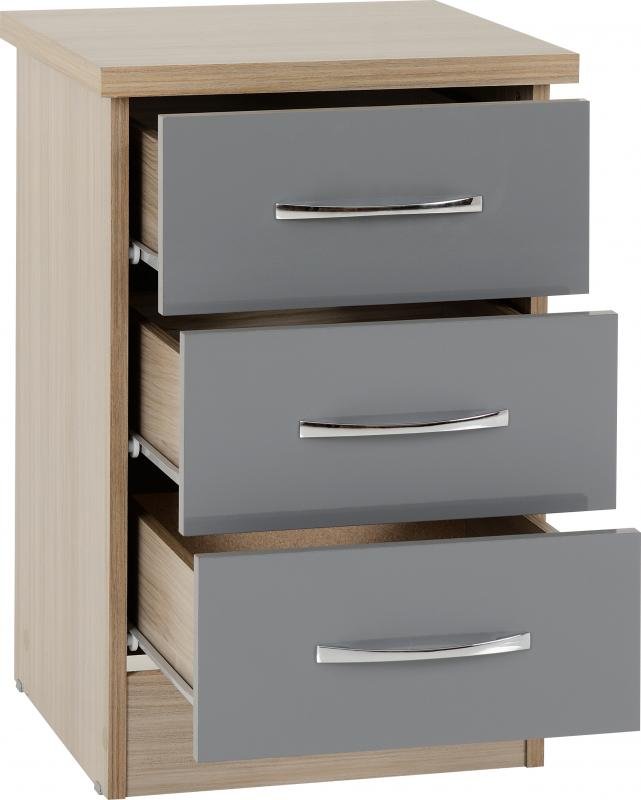 Nevada 3 Drawer Bedside in Grey GlossLight Oak Effect Veneer - Image 5