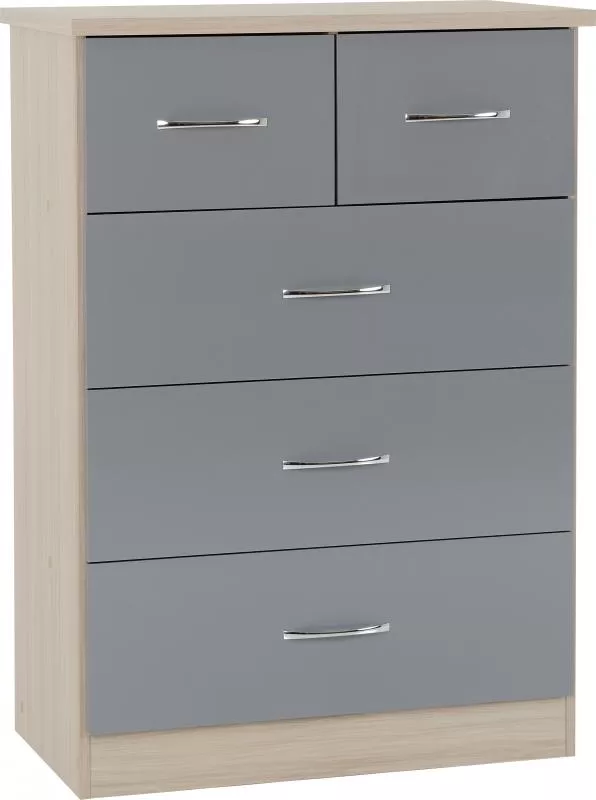 Nevada 3+2 Drawer Chest in Grey GlossLight Oak Effect Veneer