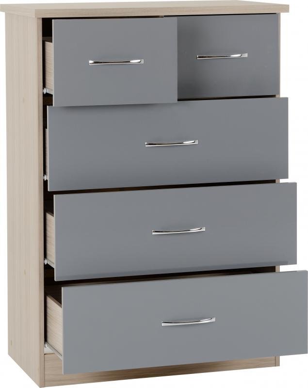 Nevada 3+2 Drawer Chest in Grey GlossLight Oak Effect Veneer - Image 9