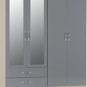 Nevada 4 Door 2 Drawer Mirrored Wardrobe in Grey GlossLight Oak Effect Veneer