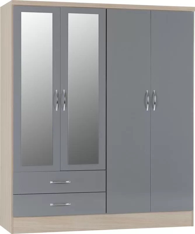 Nevada 4 Door 2 Drawer Mirrored Wardrobe in Grey GlossLight Oak Effect Veneer