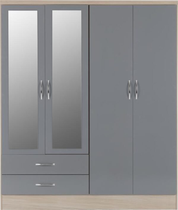 Nevada 4 Door 2 Drawer Mirrored Wardrobe in Grey GlossLight Oak Effect Veneer - Image 9