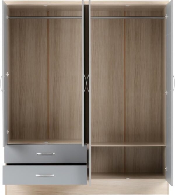 Nevada 4 Door 2 Drawer Mirrored Wardrobe in Grey GlossLight Oak Effect Veneer - Image 8