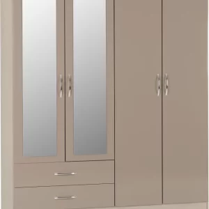 Nevada 4 Door 2 Drawer Mirrored Wardrobe in Oyster GlossLight Oak Effect Veneer