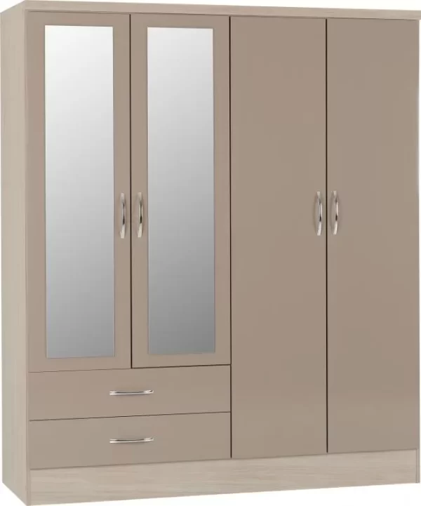 Nevada 4 Door 2 Drawer Mirrored Wardrobe in Oyster GlossLight Oak Effect Veneer
