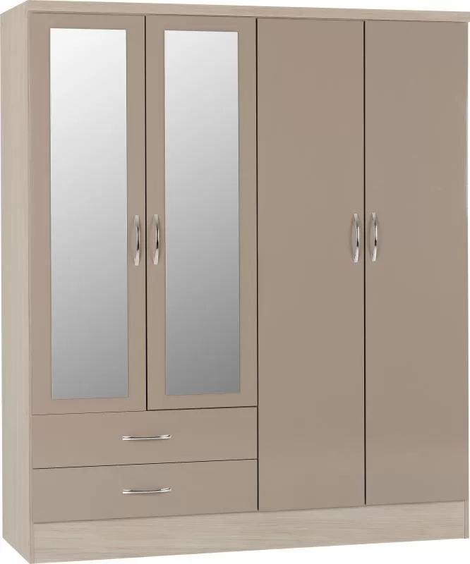 Nevada 4 Door 2 Drawer Mirrored Wardrobe in Oyster GlossLight Oak Effect Veneer