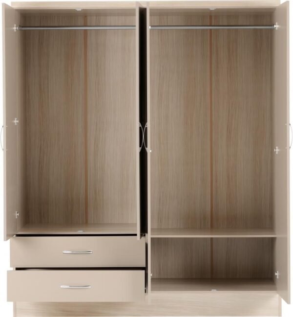 Nevada 4 Door 2 Drawer Mirrored Wardrobe in Oyster GlossLight Oak Effect Veneer - Image 9