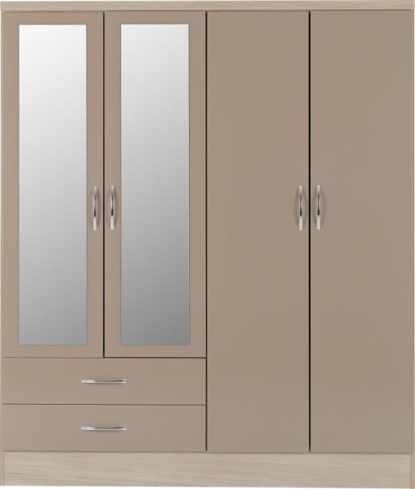 Nevada 4 Door 2 Drawer Mirrored Wardrobe in Oyster GlossLight Oak Effect Veneer - Image 8
