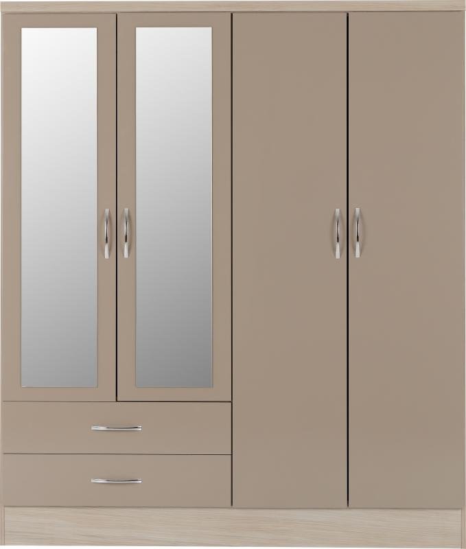 Nevada 4 Door 2 Drawer Mirrored Wardrobe in Oyster GlossLight Oak Effect Veneer - Image 8