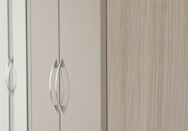 Nevada 4 Door 2 Drawer Mirrored Wardrobe in Oyster GlossLight Oak Effect Veneer - Image 5