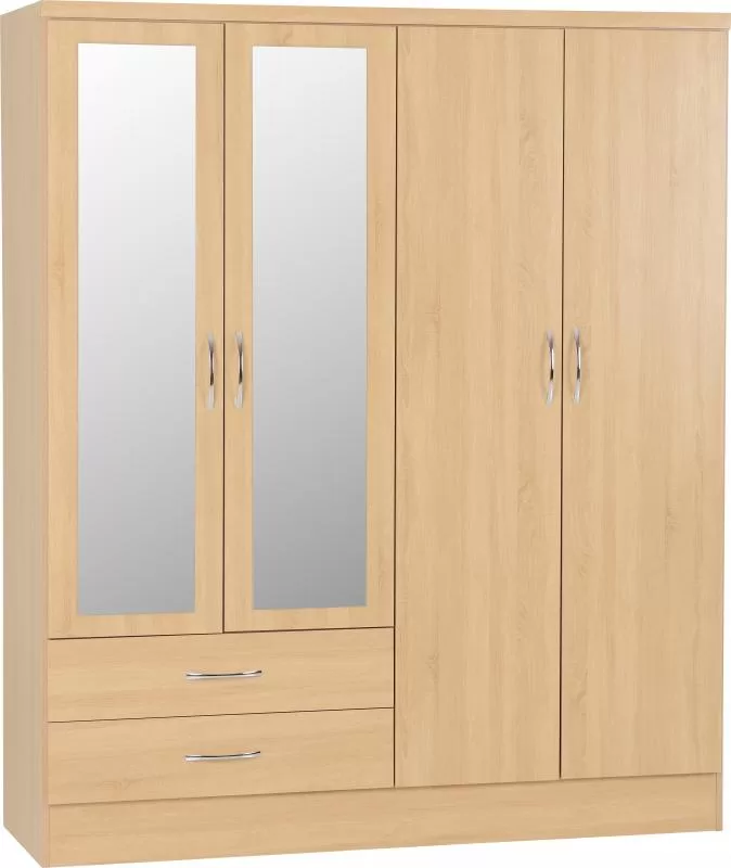Nevada 4 Door 2 Drawer Mirrored Wardrobe in Sonoma Oak Effect
