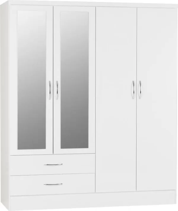 Nevada 4 Door 2 Drawer Mirrored Wardrobe in White Gloss