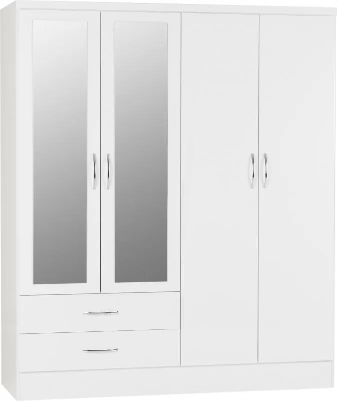Nevada 4 Door 2 Drawer Mirrored Wardrobe in White Gloss