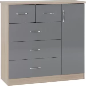 Nevada 5 Drawer Low Wardrobe in Grey GlossLight Oak Effect Veneer