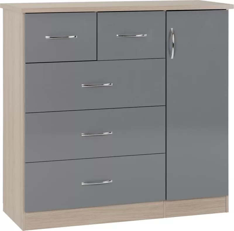 Nevada 5 Drawer Low Wardrobe in Grey GlossLight Oak Effect Veneer