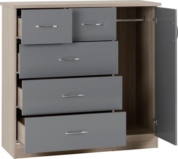 Nevada 5 Drawer Low Wardrobe in Grey GlossLight Oak Effect Veneer - Image 7
