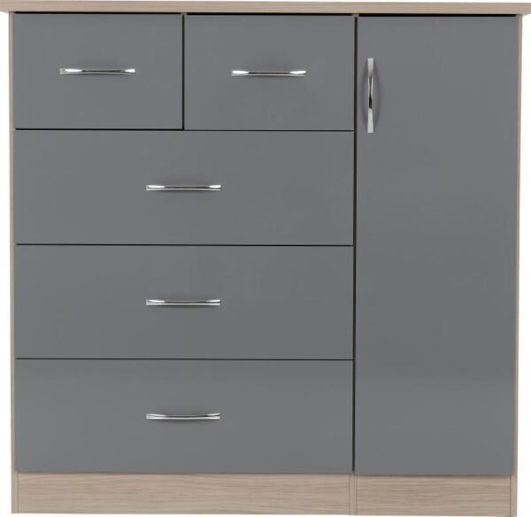 Nevada 5 Drawer Low Wardrobe in Grey GlossLight Oak Effect Veneer - Image 6
