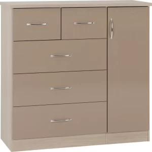 Nevada 5 Drawer Low Wardrobe in Oyster GlossLight Oak Effect Veneer