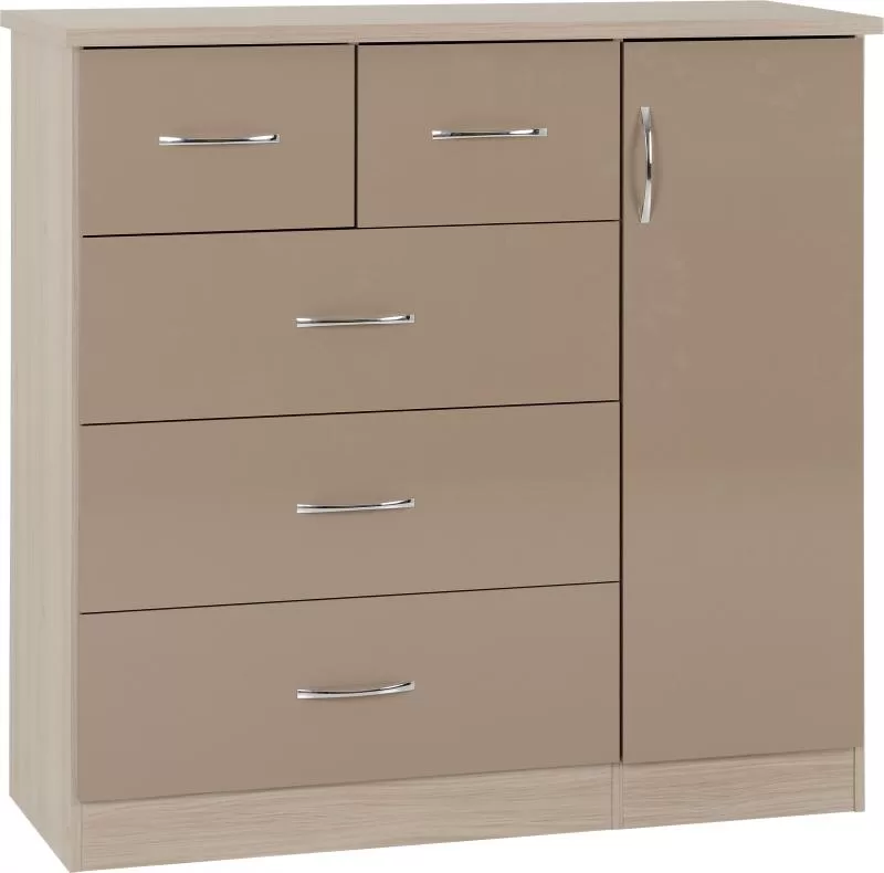 Nevada 5 Drawer Low Wardrobe in Oyster GlossLight Oak Effect Veneer