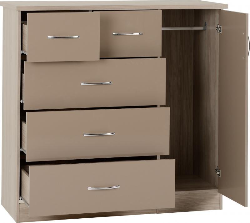 Nevada 5 Drawer Low Wardrobe in Oyster GlossLight Oak Effect Veneer - Image 7