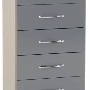 Nevada 5 Drawer Narrow Chest in Grey GlossLight Oak Effect Veneer