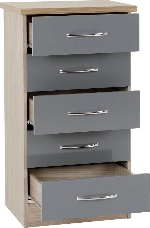 Nevada 5 Drawer Narrow Chest in Grey GlossLight Oak Effect Veneer - Image 8