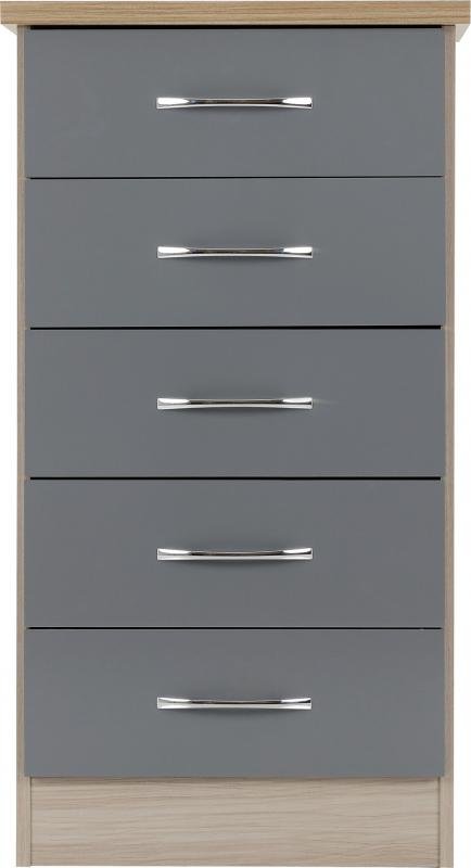 Nevada 5 Drawer Narrow Chest in Grey GlossLight Oak Effect Veneer - Image 7