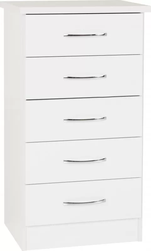 Nevada 5 Drawer Narrow Chest in White Gloss