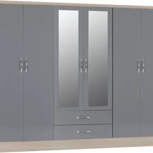 Nevada 6 Door 2 Drawer Mirrored Wardrobe in Grey GlossLight Oak Effect Veneer