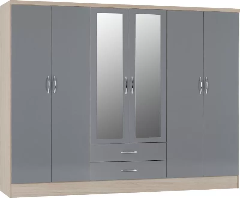 Nevada 6 Door 2 Drawer Mirrored Wardrobe in Grey GlossLight Oak Effect Veneer