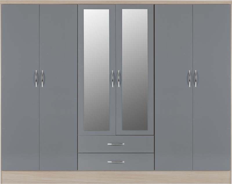Nevada 6 Door 2 Drawer Mirrored Wardrobe in Grey GlossLight Oak Effect Veneer - Image 3