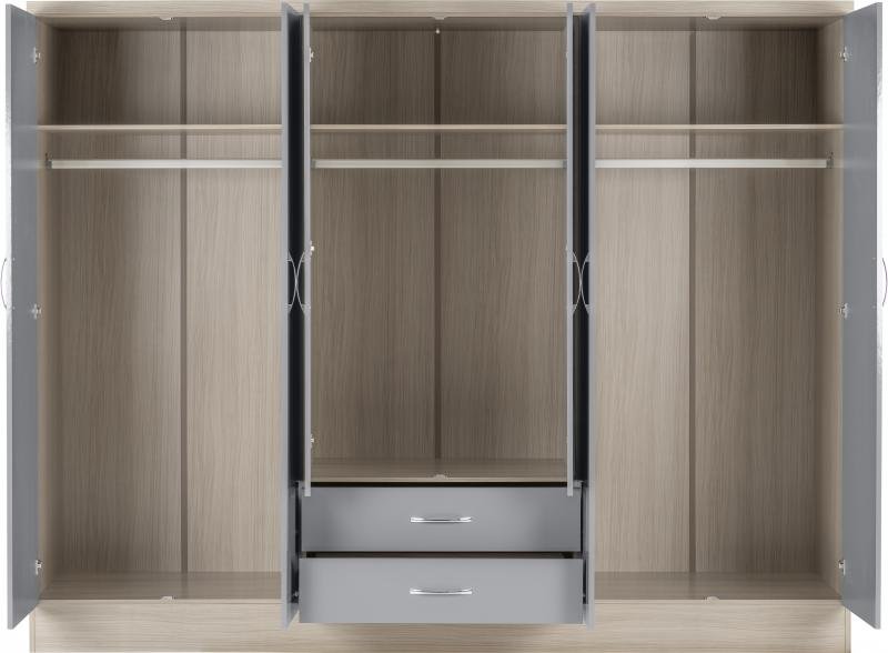 Nevada 6 Door 2 Drawer Mirrored Wardrobe in Grey GlossLight Oak Effect Veneer - Image 2