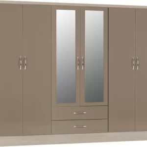 Nevada 6 Door 2 Drawer Mirrored Wardrobe in Oyster GlossLight Oak Effect Veneer